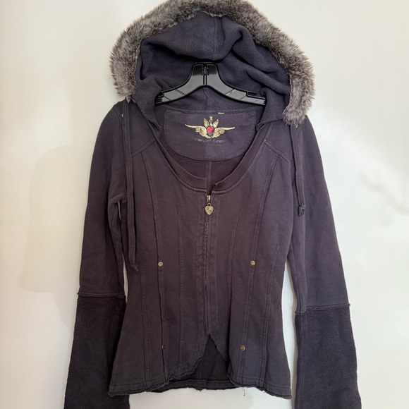 TWISTED HEART Gray Utility sweat zip up Jacket with Fur-Trimmed Hood excellent - Picture 1 of 8